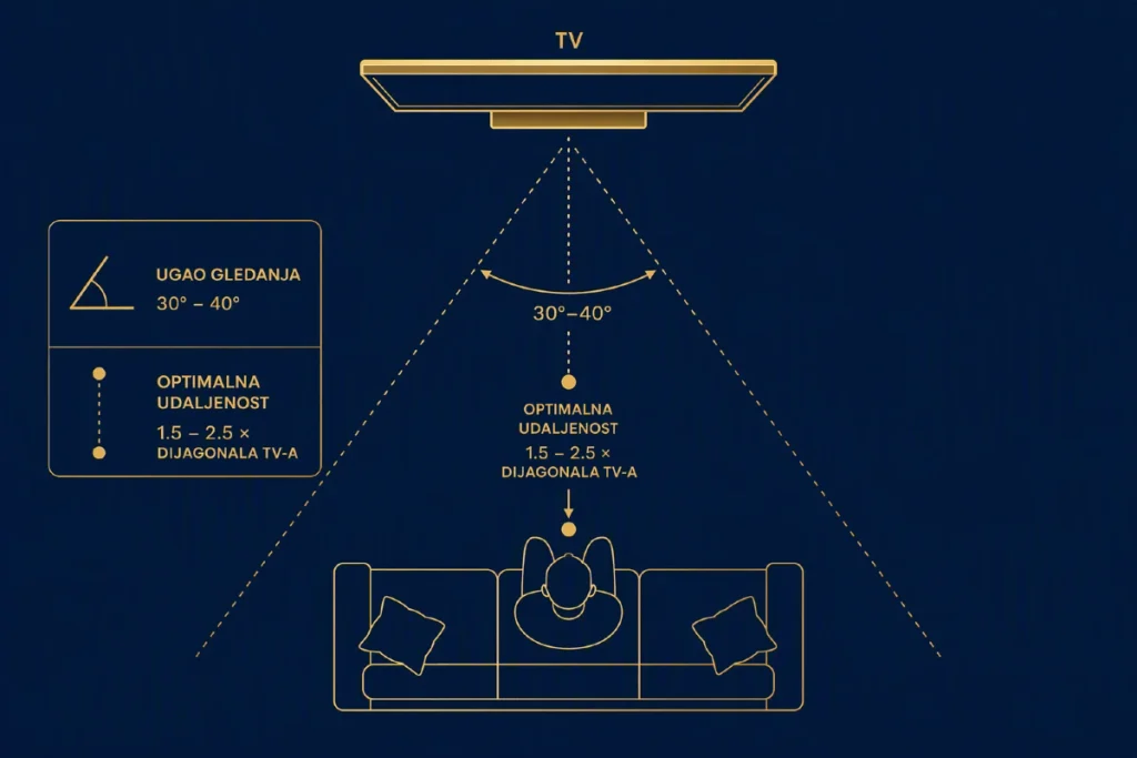 10 koraka za savršeni kućni bioskop: Pravila da dnevna soba postane bioskop Kućni bioskop sa prikazom optimalnog ugla i udaljenosti gledanja televizora
