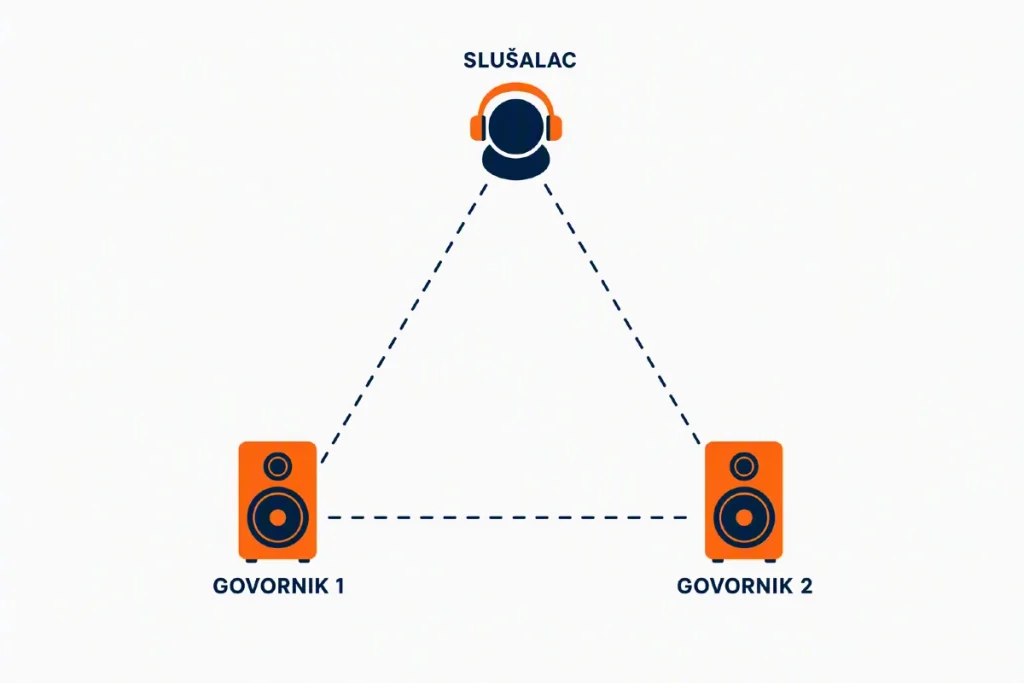 7 pravila za ozvučenje za dom - Kako da komšije zavole tvoj muzički ukus (ili bar ne zovu policiju) Stereo trougao za ozvučenje za dom sa dva zvučnika i slušaocem u temenima trougla