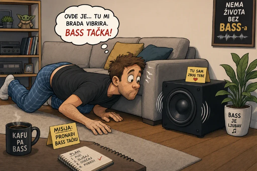 7 pravila za ozvučenje za dom - Kako da komšije zavole tvoj muzički ukus (ili bar ne zovu policiju) Karikatura subwoofera i potrage za basom u dnevnoj sobi kao deo teme ozvučenje za dom